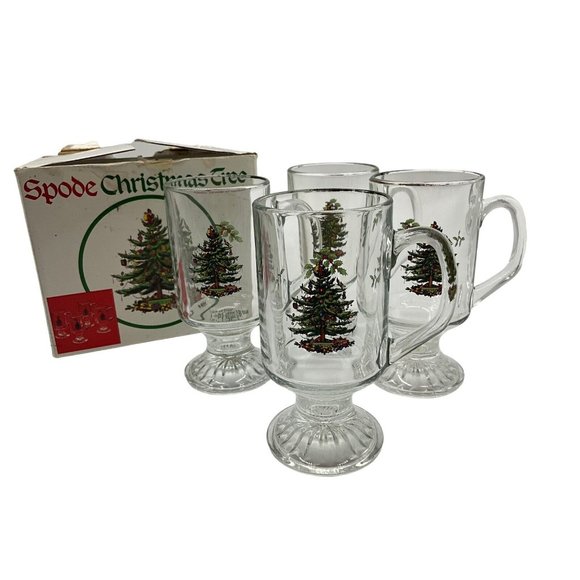 Spode Holiday Spode Christma Treeirish Coffee Footed Glass Mugspedestaleuc Set Of Four
